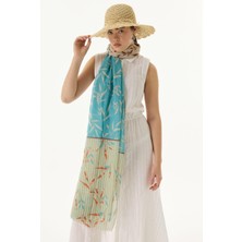 Fenza Scarf Ivy Çizgi Yaprak Desen Turkuaz Pamuklu Şal