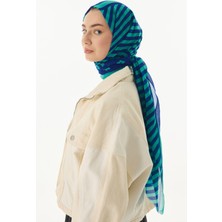 Lenora Çizgili Papatya Desen Lacivert-Mint Pamuklu Şal