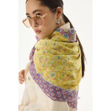 Fenza Scarf Violet Geometrik Çiçek Desen Neon Yeşil Pamuklu Şal