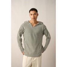 R-5842 Kapüşonlu Kanguru Cep Çizgili Örme Sweatshirt