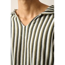 R-5842 Kapüşonlu Kanguru Cep Çizgili Örme Sweatshirt
