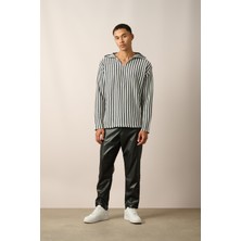 R-5842 Kapüşonlu Kanguru Cep Çizgili Örme Sweatshirt