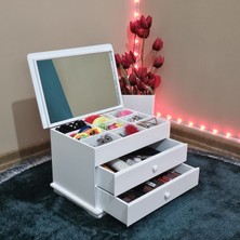 Tekir Store Aynalı Iki Çekmeceli Dekoratif Takı Saat Kutusu Çok Amaçlı Organizer Ahşap Beyaz Lake Mdf