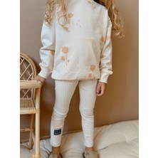 Pamila Butik Kız Çocuk Çiçek Desenli Krem Fitilli Tayt  Alt Üst Takım 2 Iplik Trend