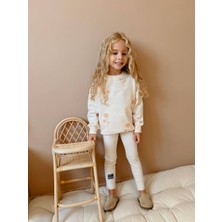 Pamila Butik Kız Çocuk Çiçek Desenli Krem Fitilli Tayt  Alt Üst Takım 2 Iplik Trend