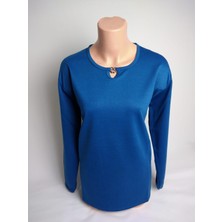 Kadın Indigo Taşlı Bisiklet Yaka Yırtmaçlı Uzun Kollu Bilek Lastikli Iki Iplik Bluz Tişört