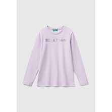 Kız Çocuk Lila Önü Parıltılı Logo Baskılı Regular Fit Uzun Kollu T-Shirt