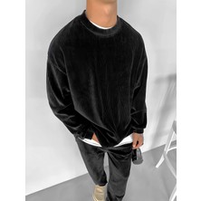 Erkek Oversize Yuvarlak Yaka Fitilli Kadife Sweatshirt Siyah