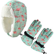 Petityu Sugeçirmez Kız Çocuk Bere Eldiven Set Mint Pembe Flamingo Desenli Kayak Snowboard 4-8 Yaş