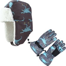 Petityu Su Geçirmez Erkek Çocuk Bere Eldiven Set 4-8 Yaş Kayak Snowboard Bere Eldiven Gri Mavi Dino