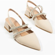 Duxal Shoes Duxal Kadın Taşlı Bej Babet Topuklu Ayakkabı El Yapımı 37 Numara Şık