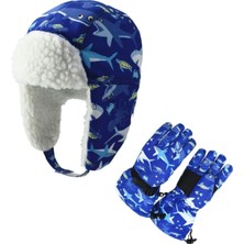 Petityu Su Geçirmez Erkek Çocuk Kar Bere Eldiven Set 4-8 Yaş Kayak Snowboard Bere Eldiven Mavi Shark