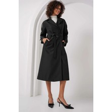 Kadın Siyah Kruvaze Yaka Astarlı Kemerli Mevsimlik Trençkot HZL25W-BD159411