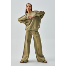 Minaaise Kadın Küf Yeşili 3 Iplik Penye Şardonlu Oversize Sweatshirt 28050