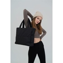 Kadın Siyah Kabartmalı Puf Kumaş Büyük Çanta El ve Omuz Çantası