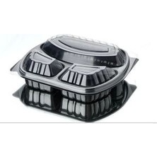 3 Gözlü Siyah Plastik Yemek Kapı 50 Adet Kapaklı Mikrofalga Da Isıtılabilir