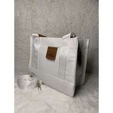 Delas White Canvas Ekstra Askı Tote Bag Beyaz Çanta