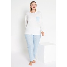 MyBen Kadın Uzun Kollu Ekru ve Mavi Çizgili Pijama Takımı B-41