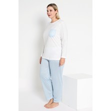 MyBen Kadın Uzun Kollu Ekru ve Mavi Çizgili Pijama Takımı B-41