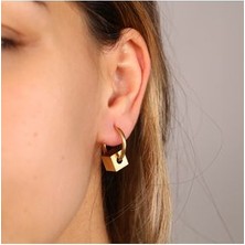 Four Solos FourSolos Çelik Kadın Küpe, Kare Detaylı Halka, Gold Renk, No:75