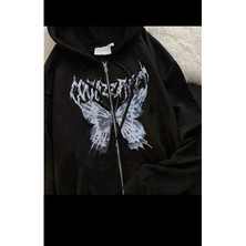 Harajuku Butterfly Kelebek Baskılı Oversize Fermuarlı Siyah Unisex Kapüşonlu Hırka