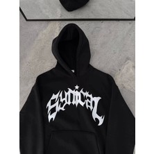 Üç Iplik Kapşonlu Baskılı Oversize Sweatshirt- Siyah
