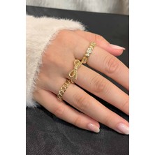 Trend Collection Zirkon Taşlı Gold Zarif Ayarlanabilir Zincir, Fiyonk, Kalp 3'lü Kadın Yüzük Seti