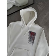 Uzun Kol Kapşonlu Ön ve Arka Baskılı Sweatshirt - Beyaz