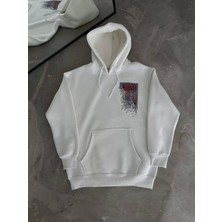 Uzun Kol Kapşonlu Ön ve Arka Baskılı Sweatshirt - Beyaz