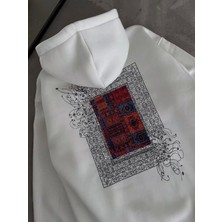 Uzun Kol Kapşonlu Ön ve Arka Baskılı Sweatshirt - Beyaz