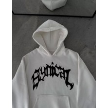 Üç Iplik Kapşonlu Baskılı Oversize Sweatshirt-  Beyaz