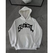 Üç Iplik Kapşonlu Baskılı Oversize Sweatshirt-  Beyaz