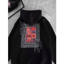 Uzun Kol Kapşonlu Ön ve Arka Baskılı Sweatshirt - Siyah