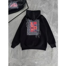 Uzun Kol Kapşonlu Ön ve Arka Baskılı Sweatshirt - Siyah