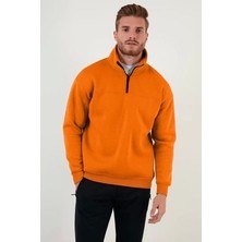 Oversize Yarım Farmuarlı Yakalı Basic Sweatshirt - Turuncu