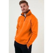 Oversize Yarım Farmuarlı Yakalı Basic Sweatshirt - Turuncu