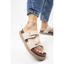 Manijero Tulipan Kadın  Deri Atkılı Bej Terlik