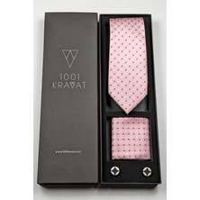 1001 Kravat Mendilli Klasik Desenli Kravat ve Metal Kol Düğmeli Erkek Hediye Seti