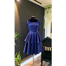 Lacivert Saten Kumaştan Katkat Etekli Kareyaka Mini Boy Mezuniyet Elbisesi