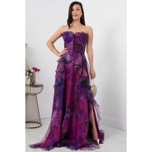 Baskılı Fırfırlı Tül Abiye Elbise ECR5163