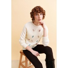 Kadın Sıfır Yaka Dikişsiz Yün Kazak Kemik