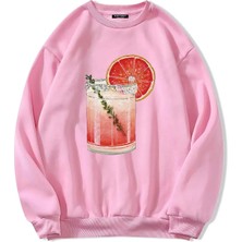 Softway Oversize Bisiklet Yaka Basic Orange Cocktail Baskılı Sweatshirt - Pembe