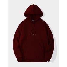 Unisex Basic Düz Renk Kapüşonlu Içi Yumuşak Polarlı Oversize Sweatshirt - Bordo