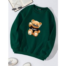 Softway Oversize Bisiklet Yaka Basic Billionaire Baskılı Sweatshirt - Koyu Yeşil