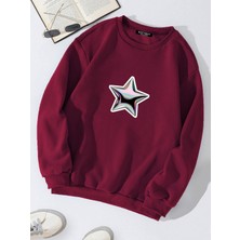 Softway Oversize Bisiklet Yaka Basic Shining Metallic Star Baskılı Sweatshirt - Bordo