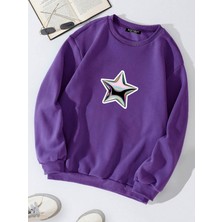 Softway Oversize Bisiklet Yaka Basic Shining Metallic Star Baskılı Sweatshirt - Mor