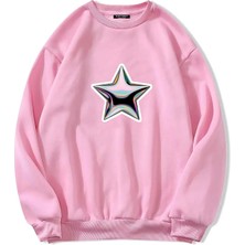 Softway Oversize Bisiklet Yaka Basic Shining Metallic Star Baskılı Sweatshirt - Pembe