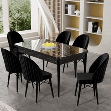 Canisa Gale Serisi 80X132 Açılabilir Lak Panel Siyah Mermer Desen Mutfak Masa Takımı ve 6 Sandalye