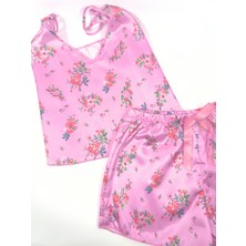 Fancy Lab Çiçek Desenli Pembe Saten Şortlu Pijama Takımı