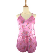 Fancy Lab Çiçek Desenli Pembe Saten Şortlu Pijama Takımı